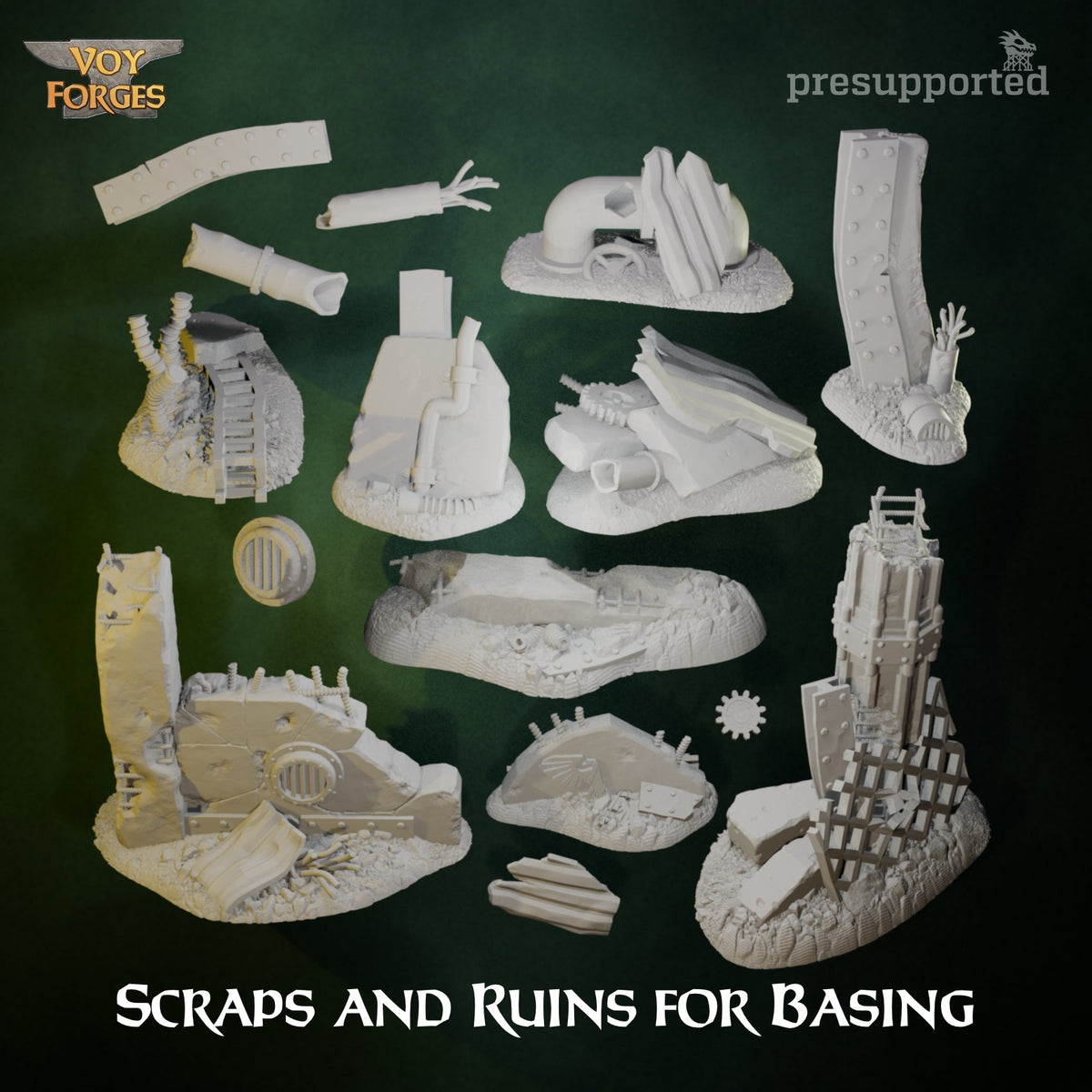Official VoyMakesMinis Scraps and Ruins design overview — 24 loose scrap designs in the range