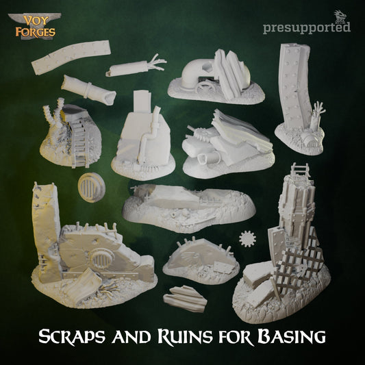 Official VoyMakesMinis Scraps and Ruins design overview — 24 loose scrap designs in the range