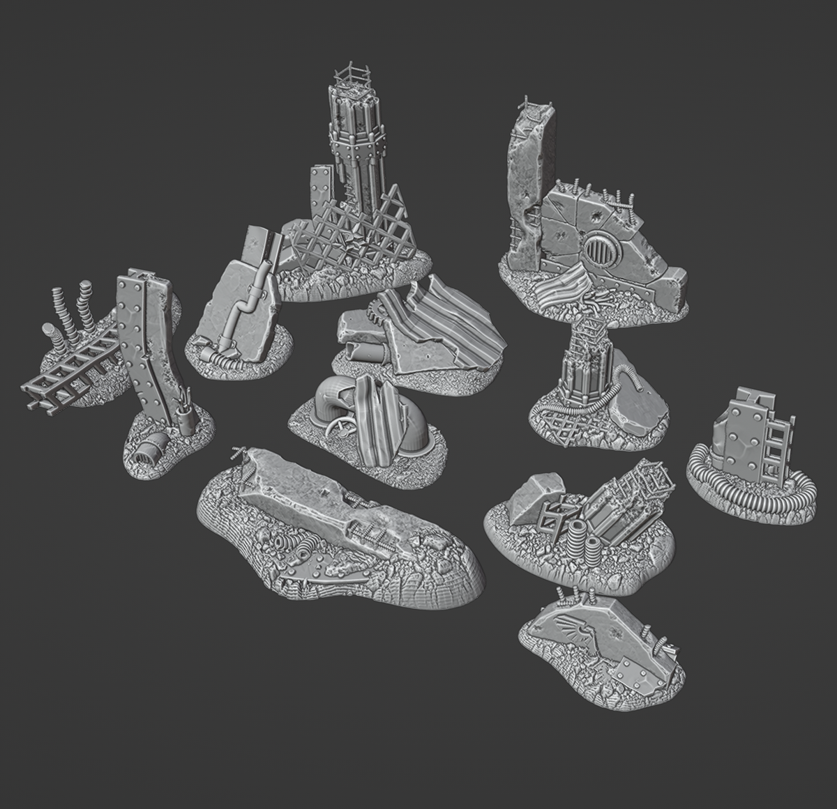 Official VoyMakesMinis Scraps and Ruins design overview — assembled ruined-city scenery clusters