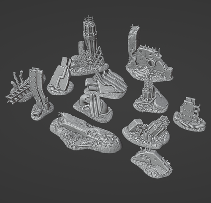 Official VoyMakesMinis Scraps and Ruins design overview — assembled ruined-city scenery clusters