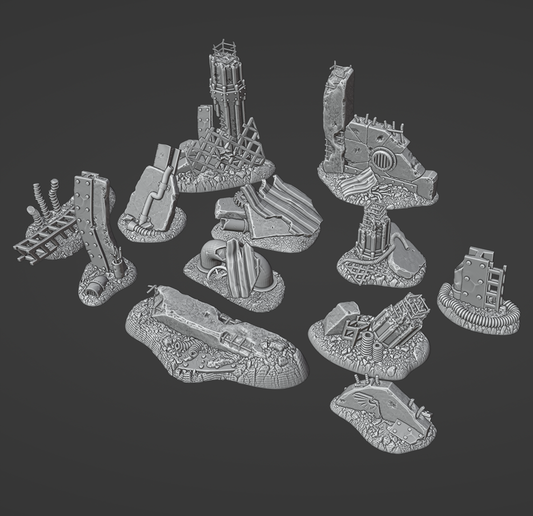 Official VoyMakesMinis Scraps and Ruins design overview — assembled ruined-city scenery clusters